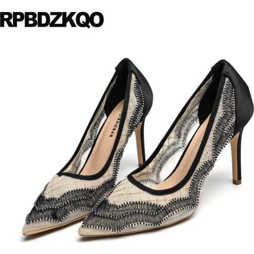 Pumps scarpin brand designer shoes women pointed toe size 4 34 white slip on black stiletto mesh thin fashion 2019 high heels