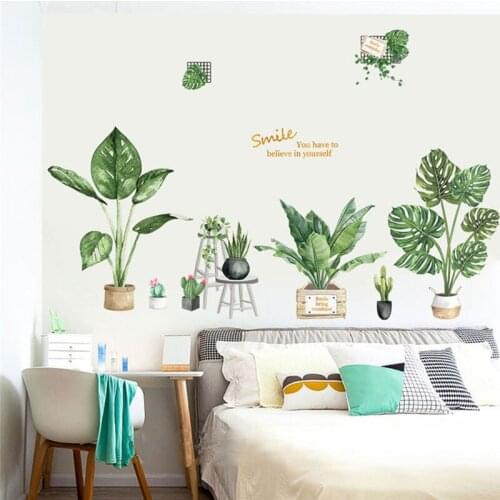 Green Potted Plant Wall Sticker Home Living Room Fresh Cool Decoration Mural Art Decals Bedroom Background Stickers Wall Decor