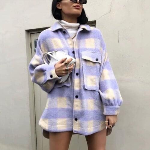 Women 2021 Fashion Overshirts Oversized Checked Woolen Jacket Coat Vintage Pocket Asymmetric Female Outerwear Chic Tops
