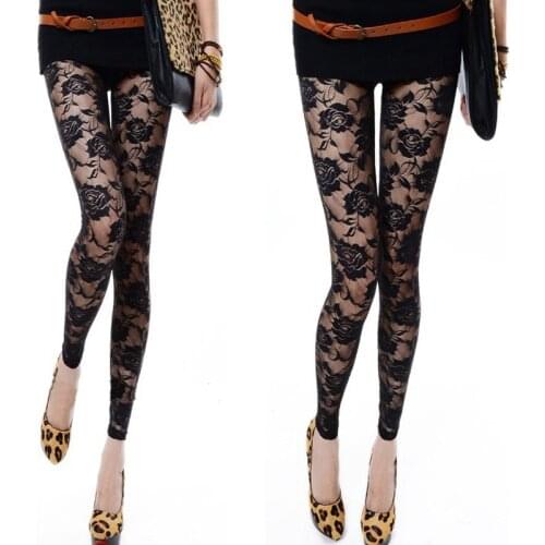 New Retro Sexy Net yarn Lady Rose Lace Elegant Through Leggings Pants Footless Black White Women Summer Skinny Nine Pants F0206
