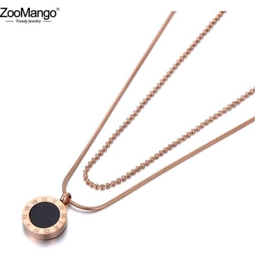 ZooMango Bohemia Titanium Stainless Steel Double-layer Charm Choker Necklace Roman Numerals Pendant Necklace For Women ZN19203