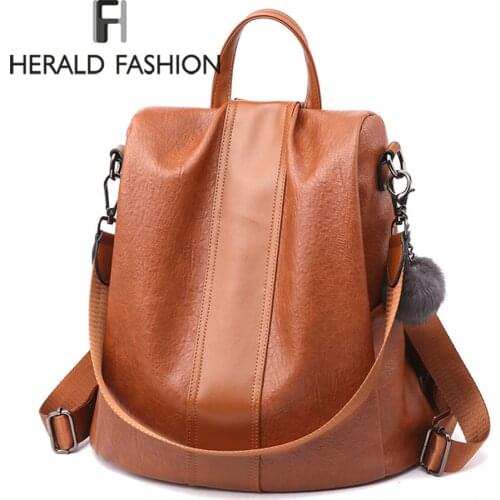 HERALD FASHION Quality Leather Anti-thief Women Backpack Large Capacity Hair Ball School Bag for Teenager girls Male Travel Bags