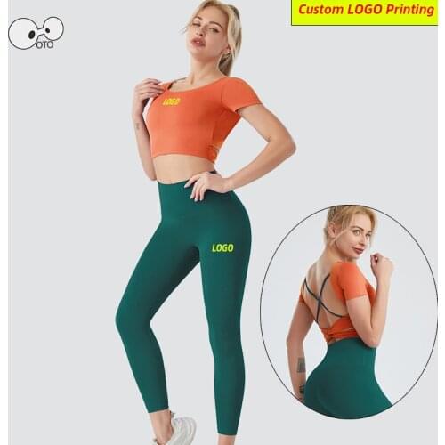 Custom LOGO Women Workout Tracksuit Gym Sportswear Clothing Yoga Crop Top+Tights 2 Pcs Sports Suit Quick Dry Fitness Running Set