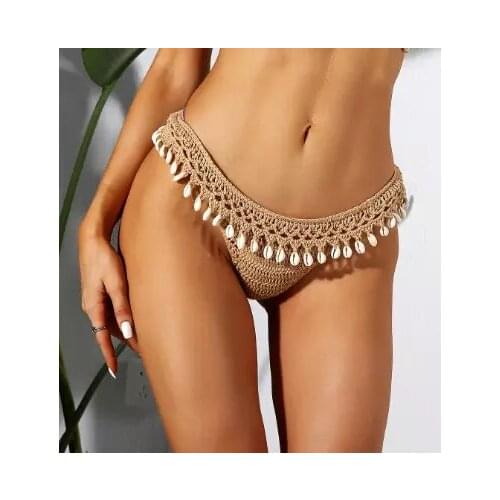 Women Sport Sexy Bikini Thong Handmade Crochet Swimwear Bikini Bottom Hollow-out Low Waist Bathing Suit