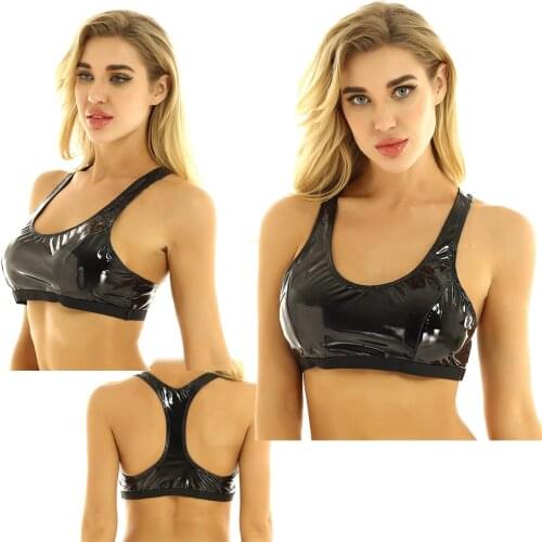 Womens Pole Dance Rave Top Wet Look Patent Leather Deep U-neck Sleeveless Racer Back Bra Top Cropped Vest Tops Rave Clothes