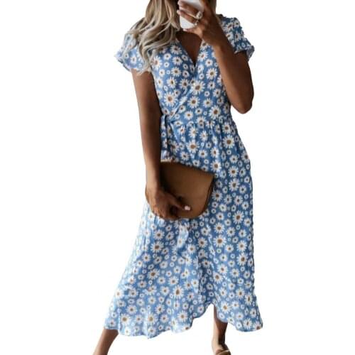 2021 Casual Short Sleeve Summer Beach Dress Women Fashion Sexy V-Neck Long Dresses Vintage Daisys Print Wrap Lace-Up Party Dress