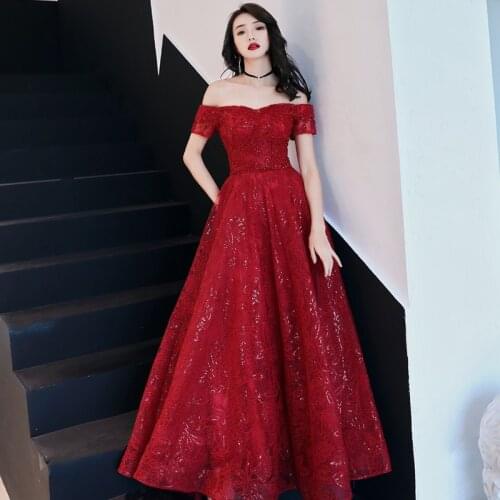 2020 New Fashion Women Evening Dress Sexy Off the Shoulder Shinning Sequins Prom Party Dress a Line Formal Dresses Back Lace Up