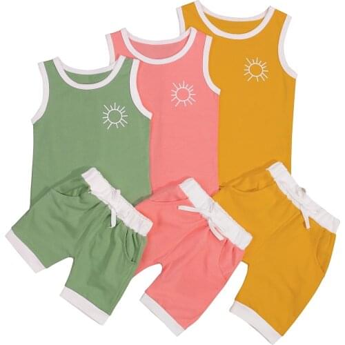 New Girl’s Vest and Shorts Suit Fashion Sun Printed Sleeveless Tops and Contrast Color Short Pants