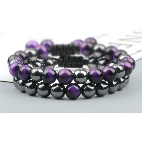 2Pcs/set Round Black Hematite Bracelet Men Tiger Eye Stone Beads Weaving Balance Bracelets Adjustable Charm Couple Jewelry Gifts