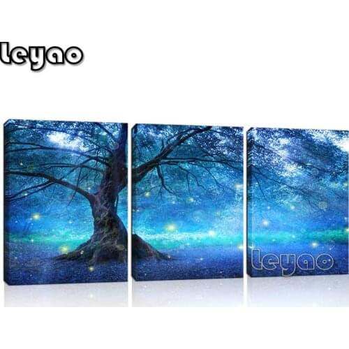 3 Pieces Modern Diamond Painting Fairy Tree in Blue Forest Landscape 5d Diamond Embroidery for Modern Home Bedroom Office Decor