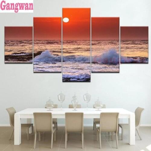 5pcs/set Diamond Painting 5D sunrise Ocean waves landscape Full Drill Square round Diamond Embroidery red sea Cross Stitch decor