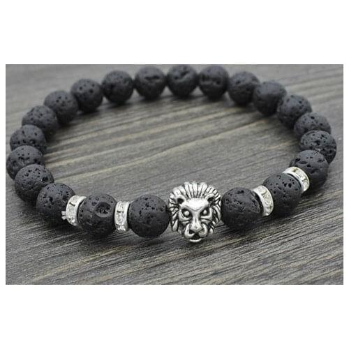 8mm ggyt43 silver elastic adjusted Charm copper lion nature black stone volcanic lava Bracelet Reiki Chakra Buddha Yoga
