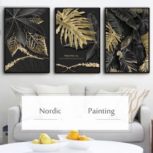 Black Golden Leaves diamond Painting,Nordic Plants Diamond embroidery Abstract art Pictures for Living Room Modern Decor MM131