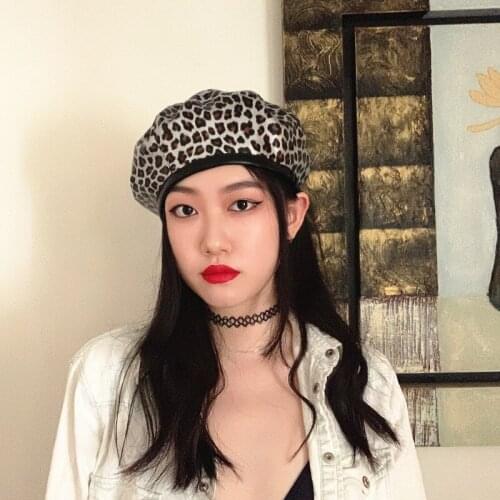 Womens Leopard Print PU Leather Cool Beret Hat Female Ladies Fall Winter Military Army Hats Artist Painter Cap