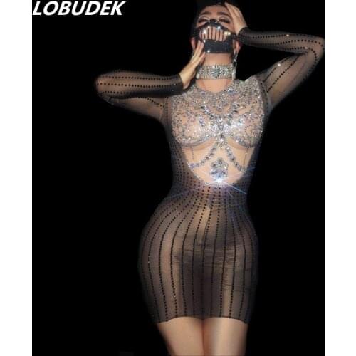 Bling Silver Black Rhinestones Transparent Mesh Elastic Dress Women Evening Party Crystal Short Dress Birthday Celebrate Dresses