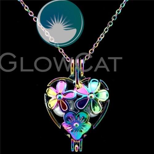 C401 Rainbow Heart Flower Beads Cage Essential Oil Diffuser Aromatherapy Pearl Cage Locket Necklace Women Girl Gift