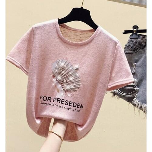 Gkfnmt White Cotton T shirt Women Tops Summer Casual Tshirt Women Clothes Korean Short Sleeve Kawaii Beading Tee shirt Fashion