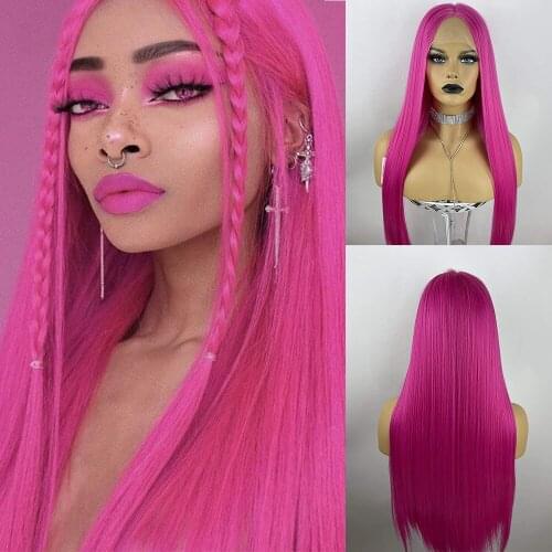 Hot Pink Synthetic Lace Front Wigs Long Silk Straight Rose Red Wig with Middle Part Soft Pink With Natural Hairline 150% density