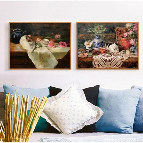 Cotton no frame classical animal cat flowers canvas printings oil painting printed on cotton home wall art decoration picture