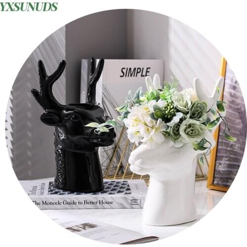 Ceramic Vase Decoration European-style Simple Deer Head Ornaments Hydroponic Flower Vase Home Office Decor Flower Arrangement