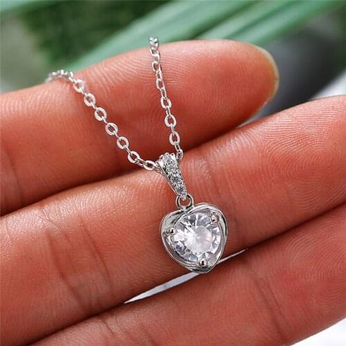 Classic Love Heart Wedding Necklace Simple Female White Crystal Pendant Necklace Boho Rose Gold Silver Color Necklaces For Women