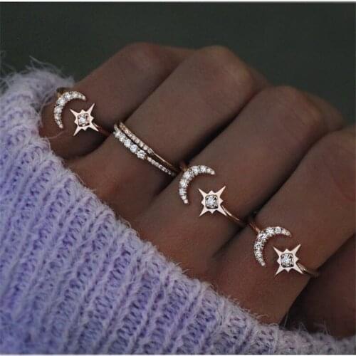 Vercret Sterling Silver Resizable Rings For Women Star Moon Zircon Ring Party Wedding Jewellery Gifts