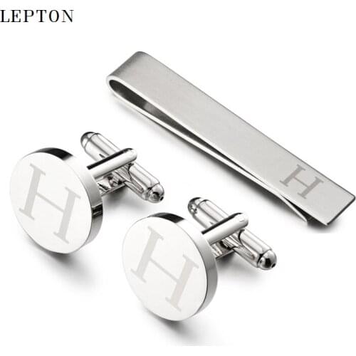 Lepton Round Laser Letter Cufflinks And Tie Clips Set Letters H Cuff links For Mens French Shirt Cuffs Cufflink Relojes Gemelos