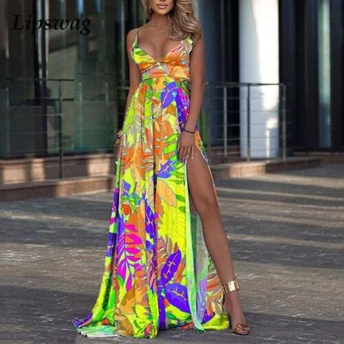 Summer Off Shoulder High Split Party Dress Vintage Elegant Floral Print Women Maxi Dress Sexy Deep V-Neck Lady Sling Beach Dress