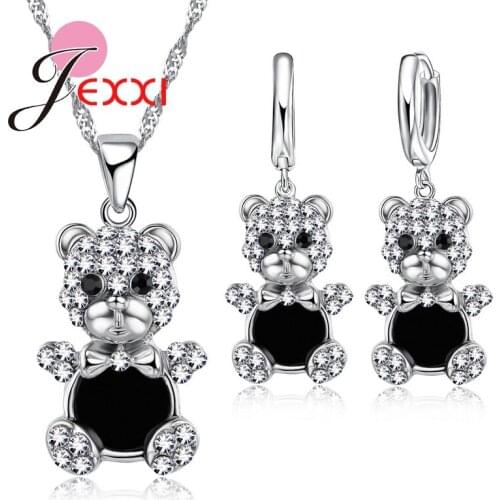 Sweet Gifts for Girl 925 Sterling Silver Chain Cubic Zirconia Bear Necklace Earrings Sets Best Gifts Bijoux