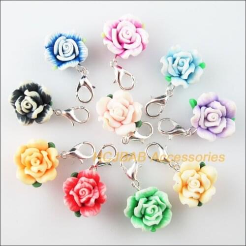 Fashion 10Pcs Mixed Fimo Clay Rose Charms Silver Plated With Clasps 15mm
