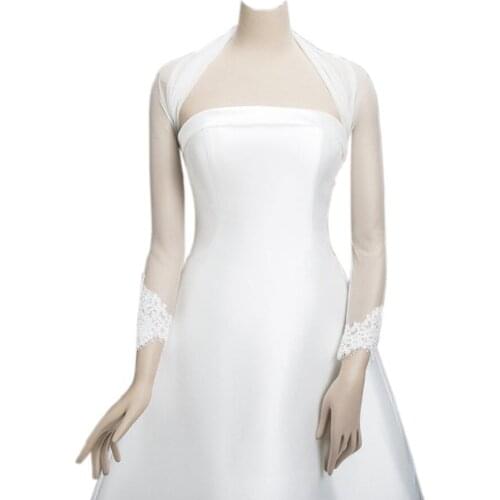 2021 New Arrival Lace Long Sleeves Wedding Jacket Wrap Illusion Belore Pleated Applique Pleated Cheap