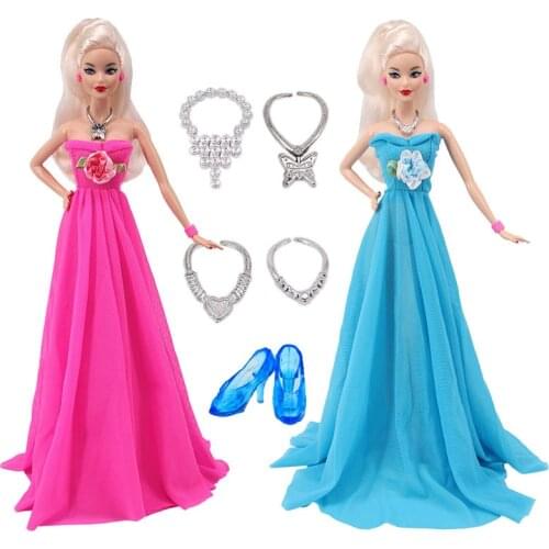 Doll Clothes 9Pcs/Set=1Wedding Dress+4Necklaces+1Earrings+1Bracelet+2Crystal Shoes,2Pcs/Set=Veil+Wedding Dress For Barbies Toy