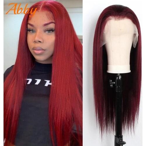 Peruvian Smooth Straight 13x4 Lace Front #99J Human Hair Wigs For Women 180% Density Burgundy Color Silky Straight Abby Hair