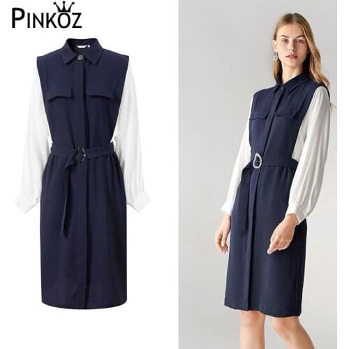 Pinkoz spring autumn dress new high waist sashes chiffon shirt Pathwork holiday two midi dresses women office lady dress