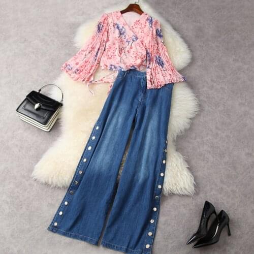 2021 V-neck Print Shirt Three-quarter Sleeves Denim Wide-leg Pants Fashion Suits European and American Womens Wear for Spring