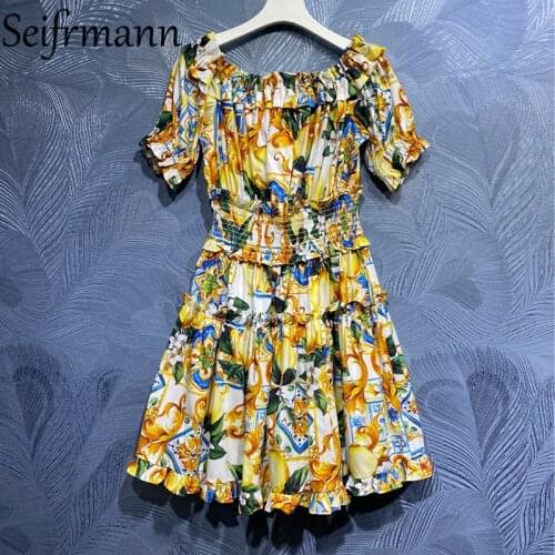 Seifrmann New 2021 Summer Women Fashion Runway Mini Dress Sexy Spaghetti Strap Gorgeous Ruffles Elastic Waist Print Cotton Dress