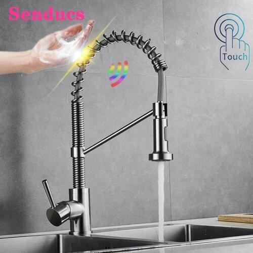 Touch Spring Kitchen Faucets Senducs Single Handle Brushed Nickel Pull Out Kitchen Mixer Tap Smart Touch Spring Kitchen Faucet