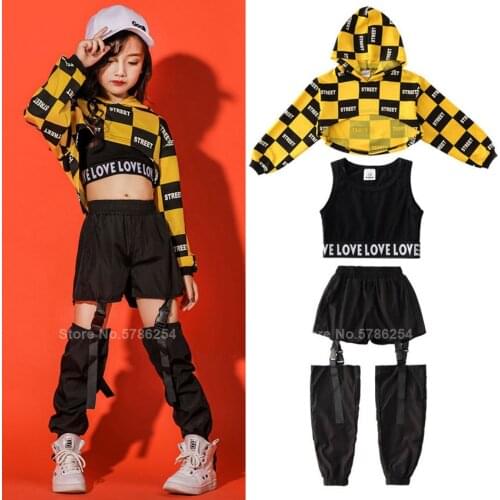 Kid Hip Hop Clothing Hooded Sweatshirt Top Crop Hollow Punk Gothic Pants for Girl Jazz Ballroom Dance Costume Clothes Outfits