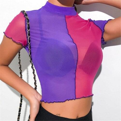 Unique Women Spliced Transparent Mesh Sheer Crop Top T-Shirt Sexy See Through Tee Tops Women Clothes Summer Clothing