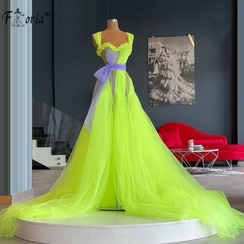 Robe De Soiree New Fashion Mix Color Mesh Party Dresses Sexy High Split Fluorescent Green Tulle Prom Gowns Lush Women Dress