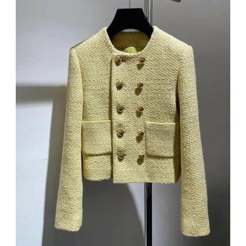 2021 spring new jacket fashion casual temperament round neck double-breasted thin short tweed jacket women