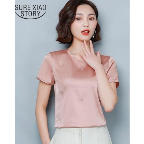 Women Blouse Simple Shirts Office Lady O-Neck Elegant Short Regular 2 Solid Colors Silk Forged Stretch Short Sleeve 8845 50