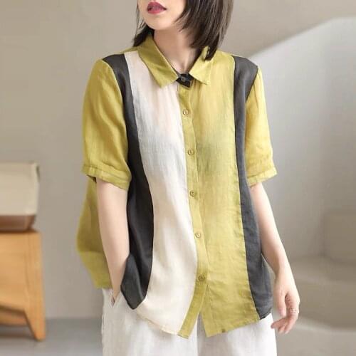 Women Summer Cotton Linen Casual Shirts New Arrival 2021 Simple Style Patchwork Color Loose Ladies Short Sleeve Tops B703
