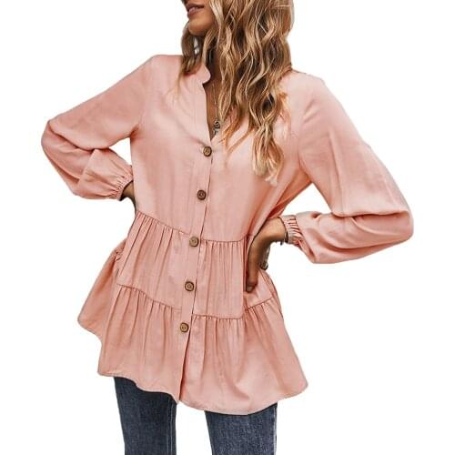 Women’s Babydoll Tunic Tops, Sexy Long Sleeve V Neck Button Down Solid Color Loose Blouse