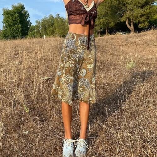 Floral y2k Skirts Vintage Khaki Mid-Claf Skirts Holiday Summer Cute Skirts Women Beach Party Outfits Streetwear New