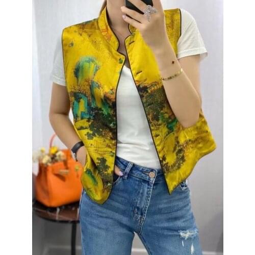 Women Silk Vest 2021 Summer Female Sleeveless Coat Silk+Jacquard Satin Two Sides Can Wear New