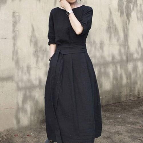 2021 Linen Dresses For Women Retro Minimalist Solid O-Neck Backless Black Cotton Party Dress Summer Womens Dress Elegant Robe