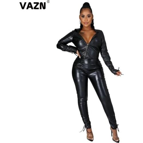 VAZN 2020 Fashion Mujer Moto Wind V-neck Pu Sexy Outfits Running Sports Suit Women Full Sleeve Long Pant Holiday Sets