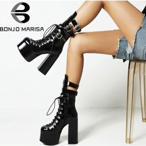 BONJOMARISA Platform Block High Heels Fashion Women Boots Bat Lace Up Sexy Elegant Autumn Goth Punk Boots For Women Ladies Shoes