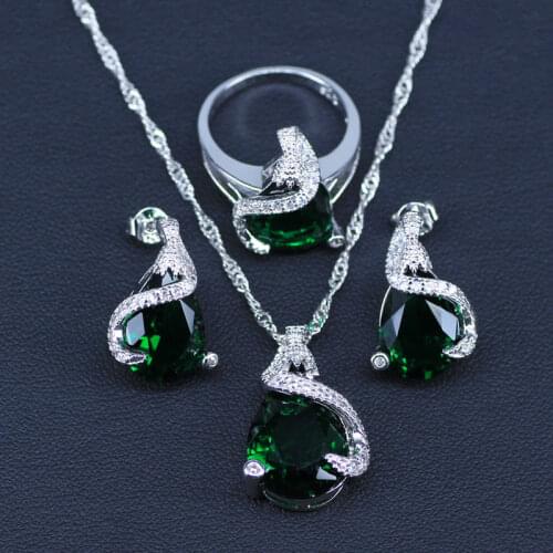 Silver Color Jewelry Green Zircon White Cubic Zirconia Jewelry Sets For Women Wedding Earrings/Pendant/Necklace/Ring Set